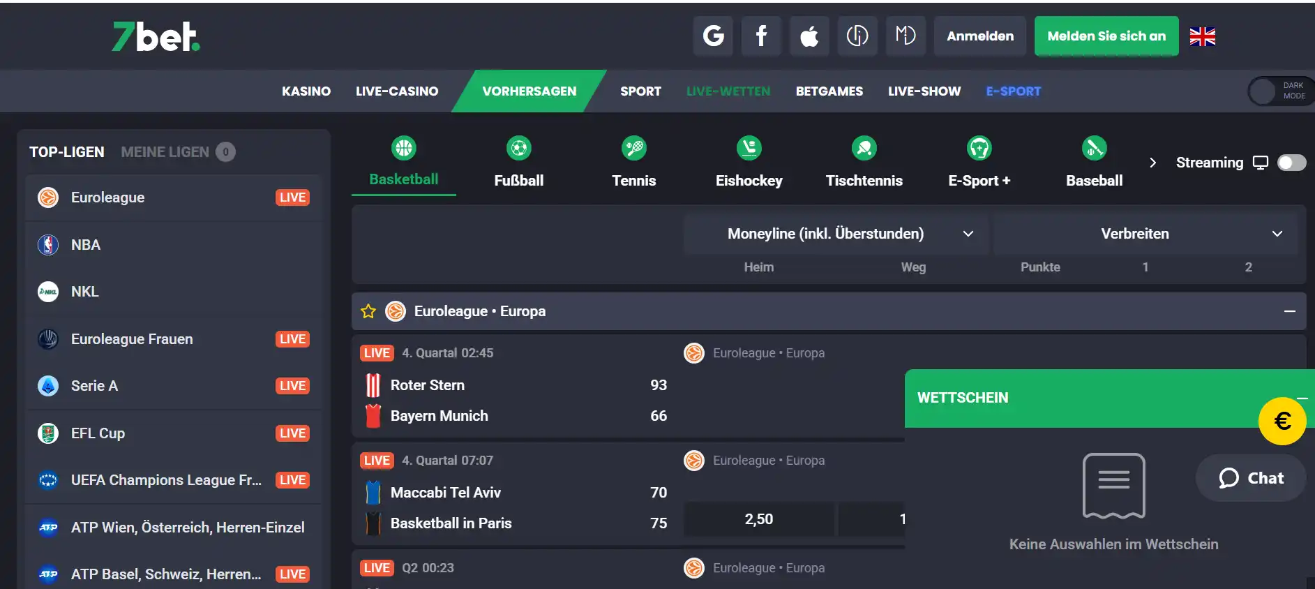 Live-Bereich von 7bet mit Sportnavigation und laufenden Spielergebnissen