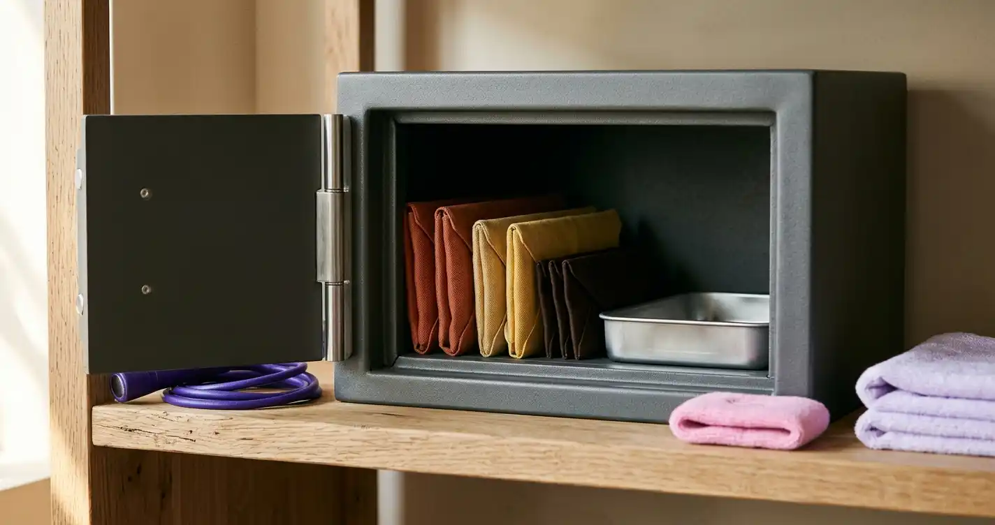 Kleiner geöffneter Tresor steht auf einem hellen Regal