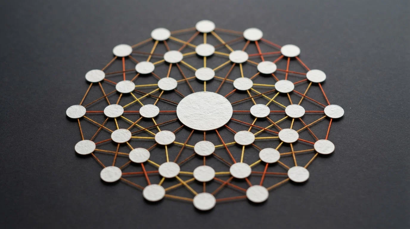 Papierkreise sind durch farbige Fäden zu einem Netzwerk verbunden