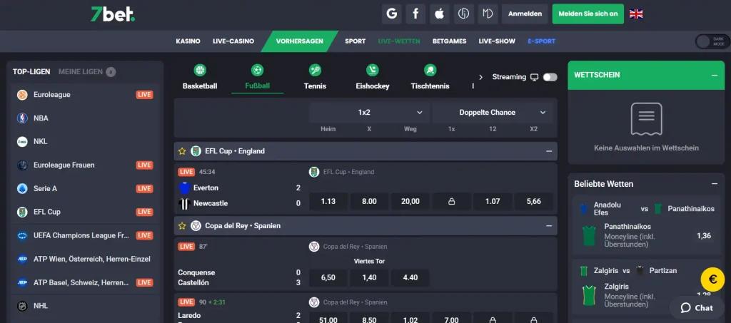 Detailansicht eines Live-Spiels bei 7bet mit Ergebnisstand und Ereignisstatistiken