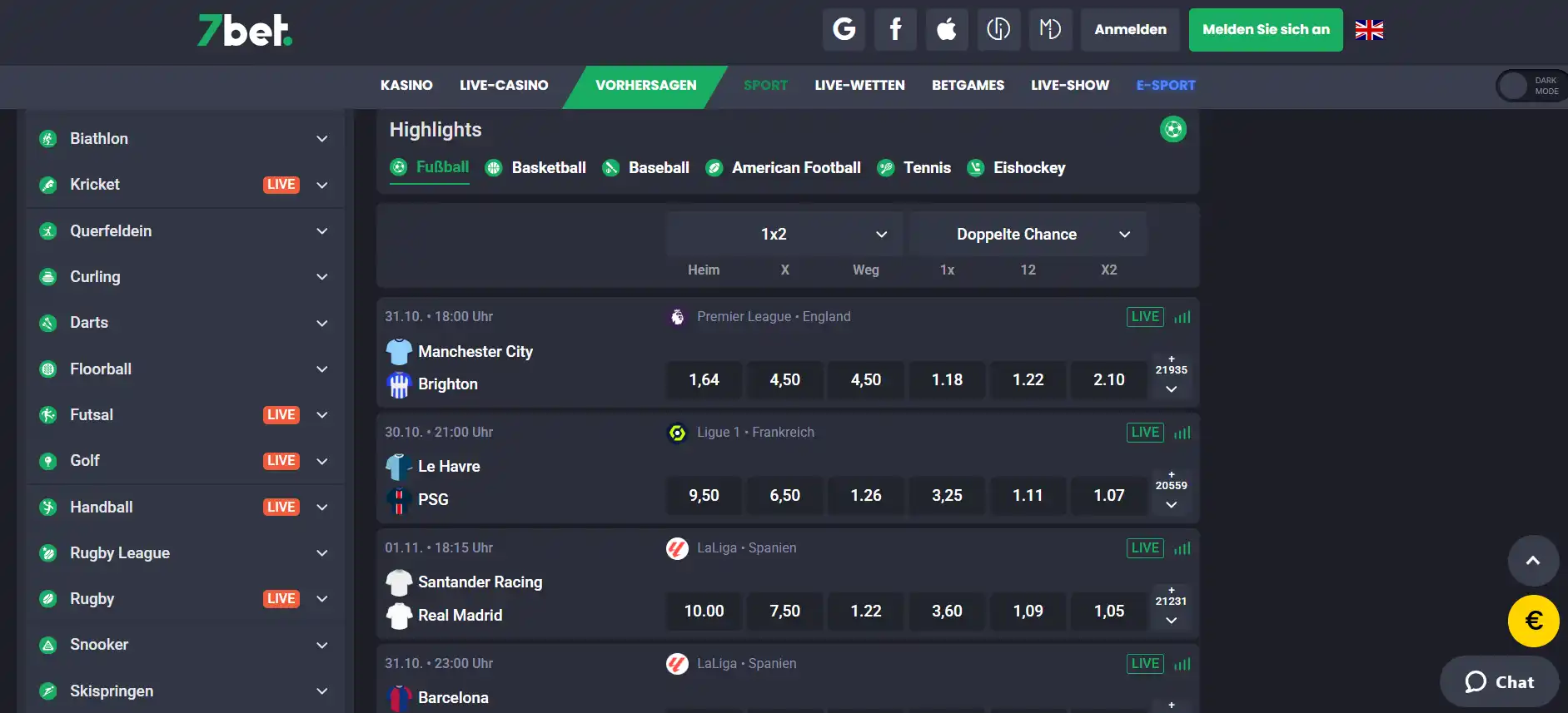 Sportarten und Ligakategorien im Wettmenü von 7bet