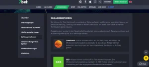 Einzahlungsbereich von 7bet mit unterstützten Bankdiensten und Zahlungsarten